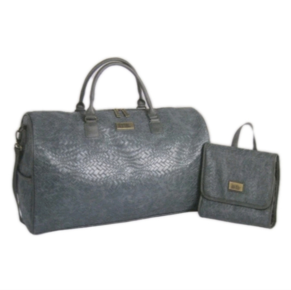 Nicole Miller Krista Weekender Duffel + Hanging Accessory Pouch  Grey Vegan